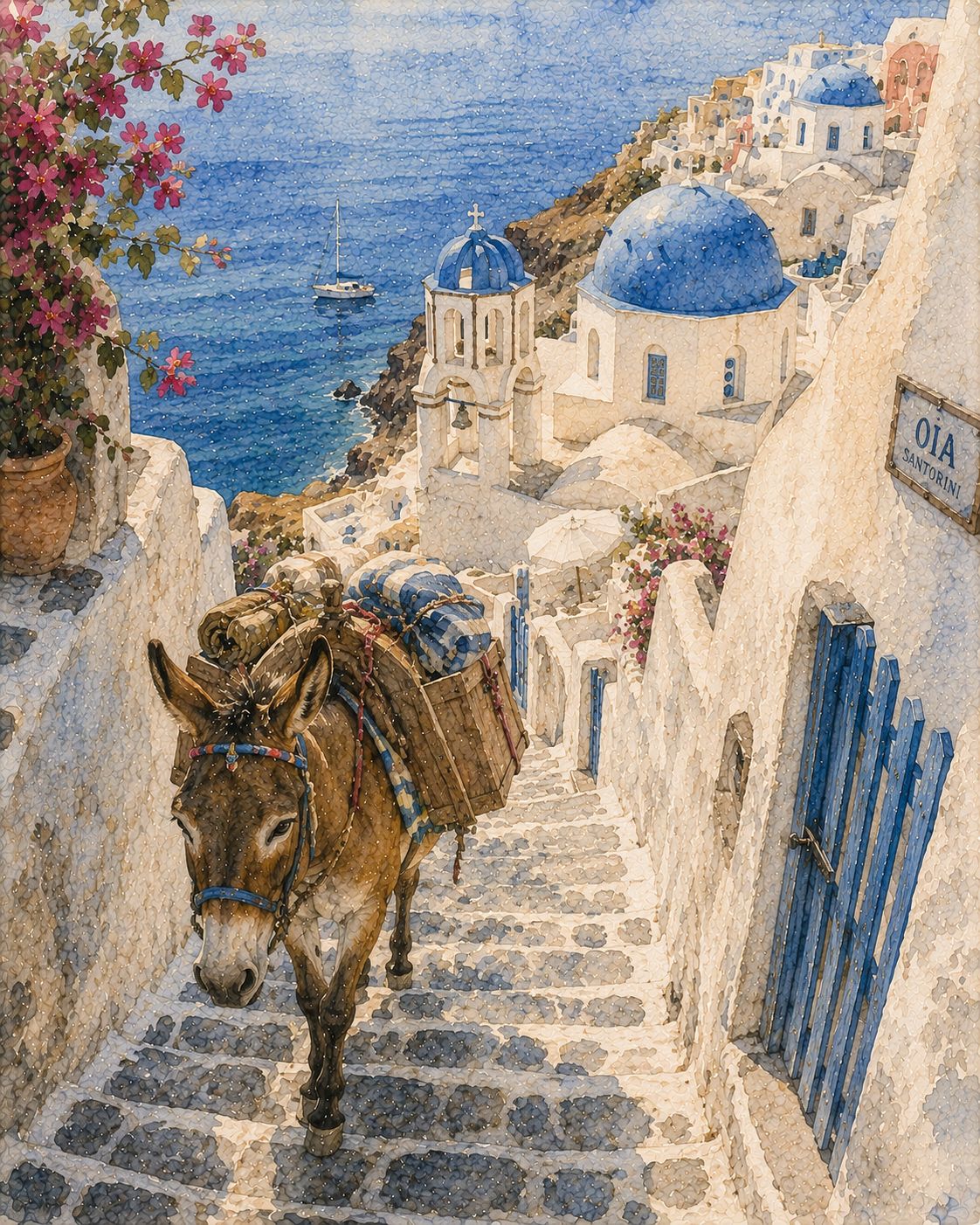 Santorini Donkey Watercolor Print